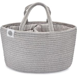 Parker Baby Rope Diaper Caddy Organizer - Nursery Storage Bin and Car Organizer for Diapers and Baby Wipes - Diaper Organizer for Baby Essentials, Baby Shower Gifts - Gray