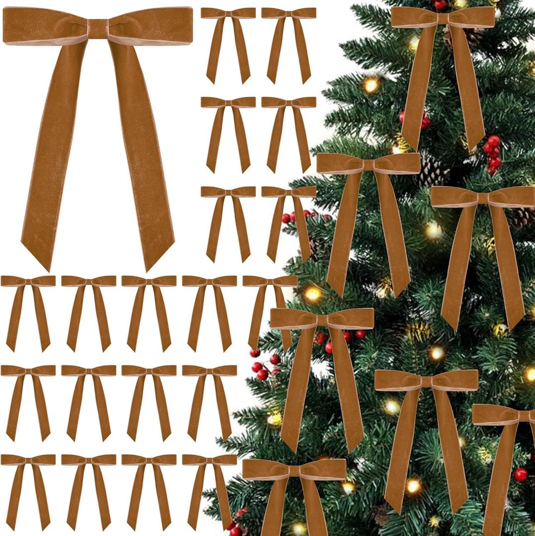 Curvier 25 Pcs Velvet Christmas Bows for Xmas Tree, Door, Gift, Staircase Decor, Vintage Wreath Bow Christmas Tree Ornaments(5x7 Inch, 1" Wide) Camel