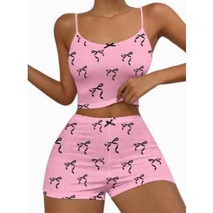 Hilinker Womens Graphic 2 Piece Pajama Set Summer Cute Crop Cami and Shorts Ribbed Lounge Sets (X-Small, Pink Black Bow Tie)