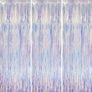 Iridescent Party Backdrop 3Packs Transparent Tinsel Foil Fringe Curtain for Frozen Mermaid Sea Birthday Party Decorations, 3.3x8.2ft Streamers Backdrops (44 Iridescent Pink)