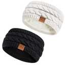 Winter Headbands for Women Wool 2 Pack, Ear Warmers for Women Headband Knit Thick Fleece Lined, Cold Weather Warm Ear Muffs(Black+White)