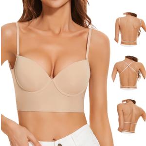 Low Back Bras for Women, Seamless Underwire Invisible Backless Bra, Multi-Way Convertible Straps Low Cut Bras Halter Bra (32C, Nude)