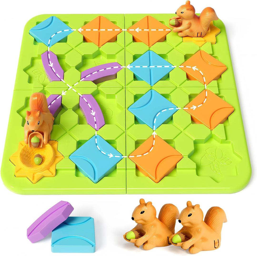 STEM Board Games Kids Toys, Maze Brain Teaser Puzzles Learning Games for Kids Ages 4-8 118 Challenges 5 Difficulty Levels Squirrel Logic Track Building Blocks, Educational Montessori Birthday Gifts (medium size)