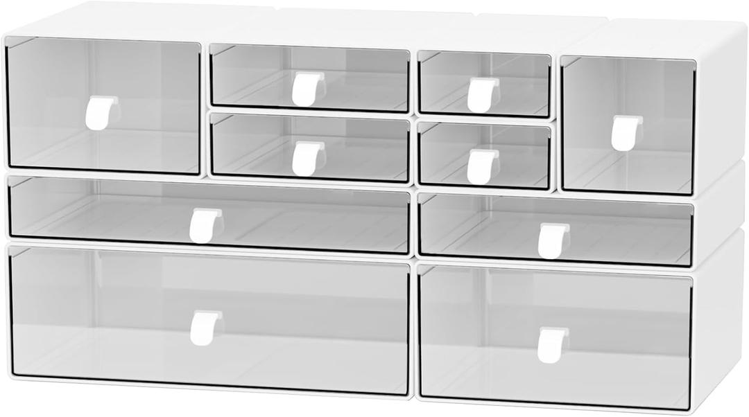 Yashong Desk Organizer Set, White & Clear Stackable Dustproof Storage Boxes for Desktop, Office, DIY Craft & Vertical Space Saving, Perfect for Makeup, Stationery, Jewelry Organization (10 drawer)
