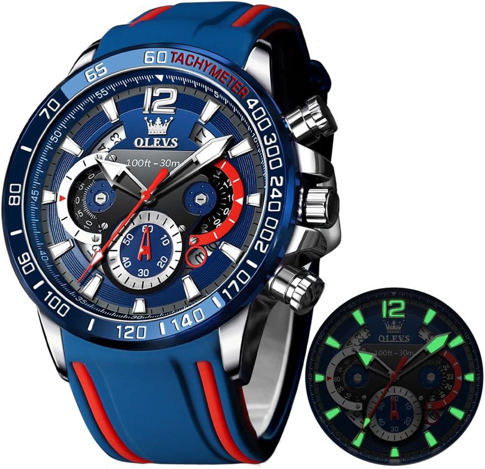 OLEVS Mens Watches Chronograph Waterproof Luminous Silicon Strap Multifunction Watches for Men Quartz Business Calendar Men Wrist Watch (silver watches blue)