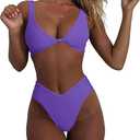 geluboao Bikini Set for Women Solid V Neck Knot Front Push Up High Leg Thong Two Piece Swimsuit (Large)