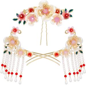 Camellia Flower Tassels Hairpin Set for Women, Non-Slip Rhinestone Pearl Clover Hair Clips Headpiece, Retro Chinese Hanfu Wedding Brides Hair Accessories for Long Hair (White)