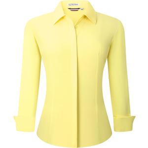 Alex Vando Womens Dress Shirts Wrinkle Free Regular Fit Long Sleeve Stretch Work Shirt (Medium, Hidden Placket Yellow)