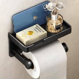 VOLDRA Toilet Paper Holder with Phone Shelf, Self-Adhesive or Screw-in Toilet Tissue Roll Holder Wall Mount, Rustproof & Multifunctional Bathroom Toilet Paper Holder Storage Dispenser(Black)