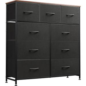 WLIVE 9 Drawer Dresser, Fabric Storage Tower for Bedroom, Hallway, Closet, Tall Chest Organizer Unit for Bedroom with Fabric Bins, Steel Frame, Wood Top, Easy Pull Handle, Black and Rustic Brown