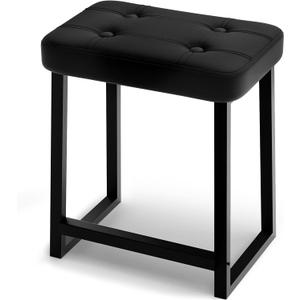 Vanity bar Stool Chair, Makeup Stool Counter Height stools,Small Ottoman Footrest for Living Room, Bathroom, Bedroom, Entryway, OfficesLeather &Metal Legs with Anti-Slip Feet, Black
