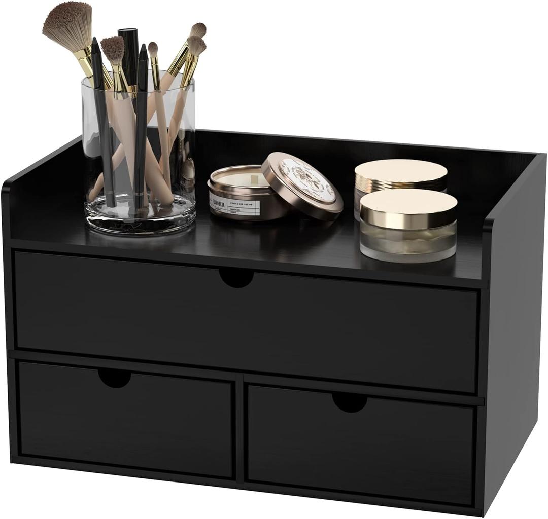 Wisuce Bamboo Desk Organizer - Mini Bamboo Desk Drawer Tabletop Cosmetic Storage Organization for Office or Home Black with Shelf, Black