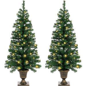 4FT Prelit Christmas Tree 2-Pack Artificial Potted Christmas Tree with 100 Warm White LEDs Battery Powered & 8 Lighting Modes for Xmas Porch Entrance Decorations