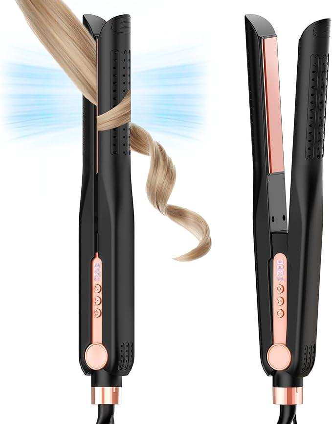 SKIMI Airflow Styler, Titanium Flat Iron Hair Straightener, Professional Curling Iron with Cooling Air Vents to Lock in Style, 5 Temps & Dual Voltage, Auto Off (Black & Pink).
