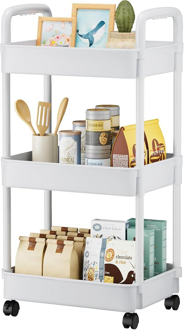 EZ COZY 3 Tier Rolling Cart, Plastic Diaper Cart Organizer with Wheels, Roller Cart for Diapers, Baby Nursery, Kitchen, Bathroom, Living Room and Bedside, White