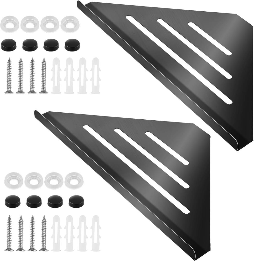 2 Pcs Black Shower Corner Shelf with Screws, 304 Stainless Steel Triangle Shower Caddy Coner Organizer Metal Corner Shelf Wall Mount Soap Holder for Bathroom, Kitchen Organization