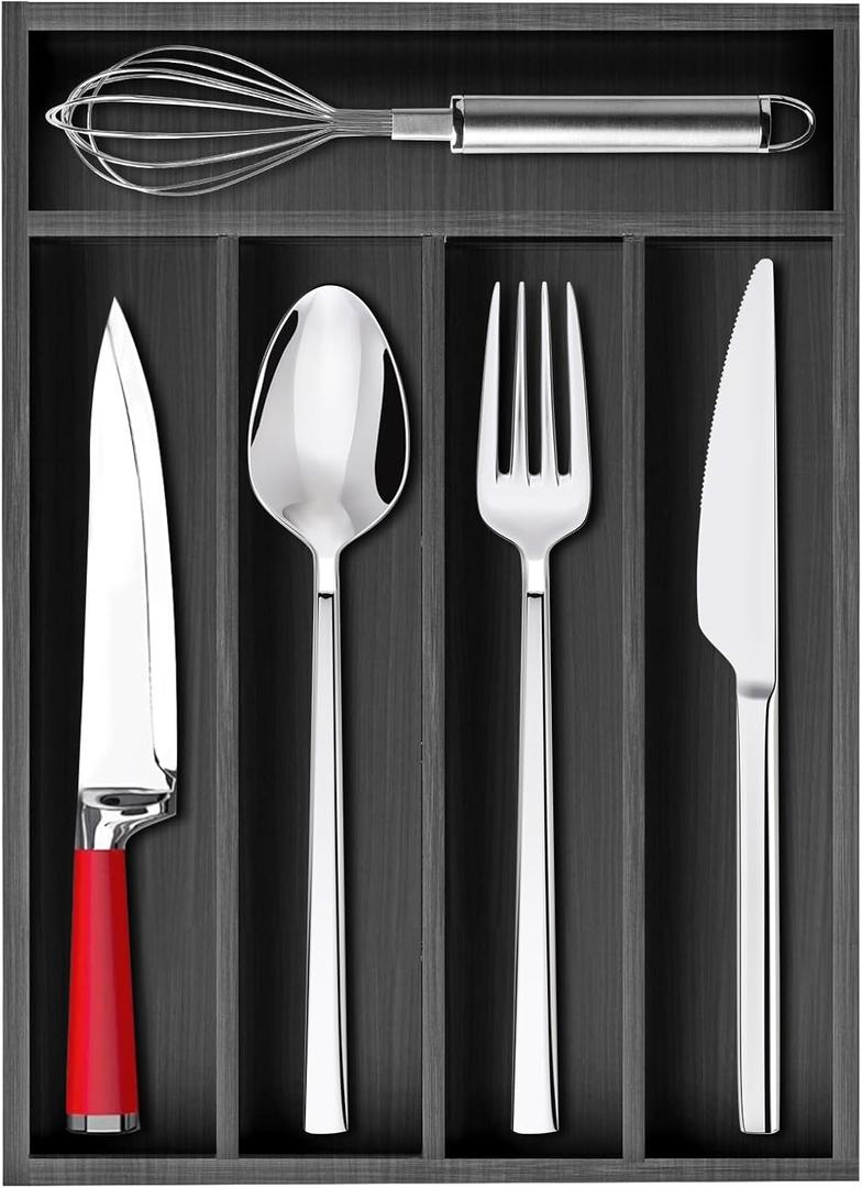 Ayiaren Small Kitchen Silverware Organizer Wooden Utensil Drawer Organizers Narrow Flatware Tray Wood Flatware Organizer for Drawer Spoon Organizer Black Utensil Holder Drawers Bamboo Silverware Tray (13" x 9")