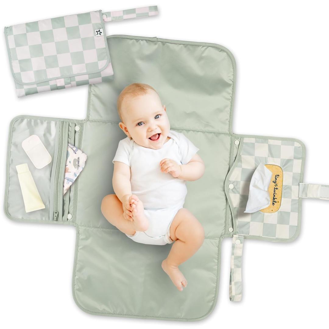 Tiny Twinkle Portable Diaper Changing Pad | Waterproof, Wipeable & Compact Baby Changing Pad for Travel | Smart Wipes Pocket & Organized Storage| Newborn Shower Gift (Sage Checkers)