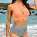 Women's Halter Bikini Sets High Waisted Tummy Control Swimsuit V Neck Push Up Bathing Suits (M)