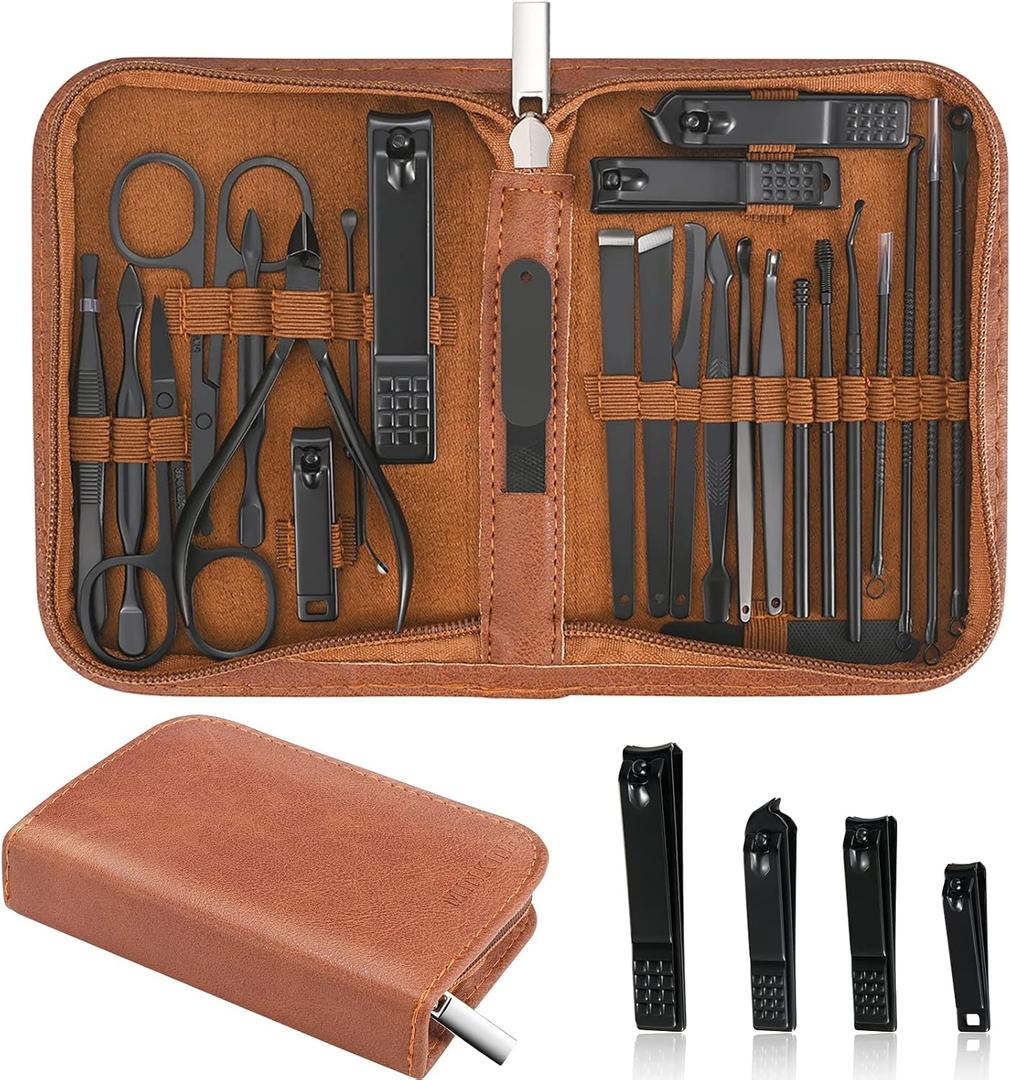 Manicure Set Professional Nail Clipper Kit-26 Pieces Stainless Steel Manicure Kit,Nail Care Tools with Luxurious Travel Case (Brown)