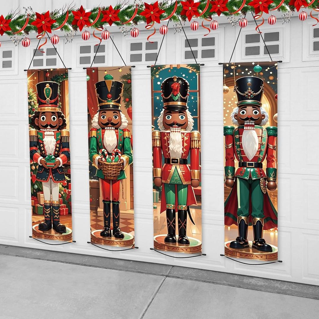 4PCS Black Nutcracker Christmas Decorations - African American Nutcracker Door Banner Soldier Model Hanging Porch Sign Banner Xmas Backdrop for Wall Fireplace Holiday Party Garden Indoor Outdoor Decor