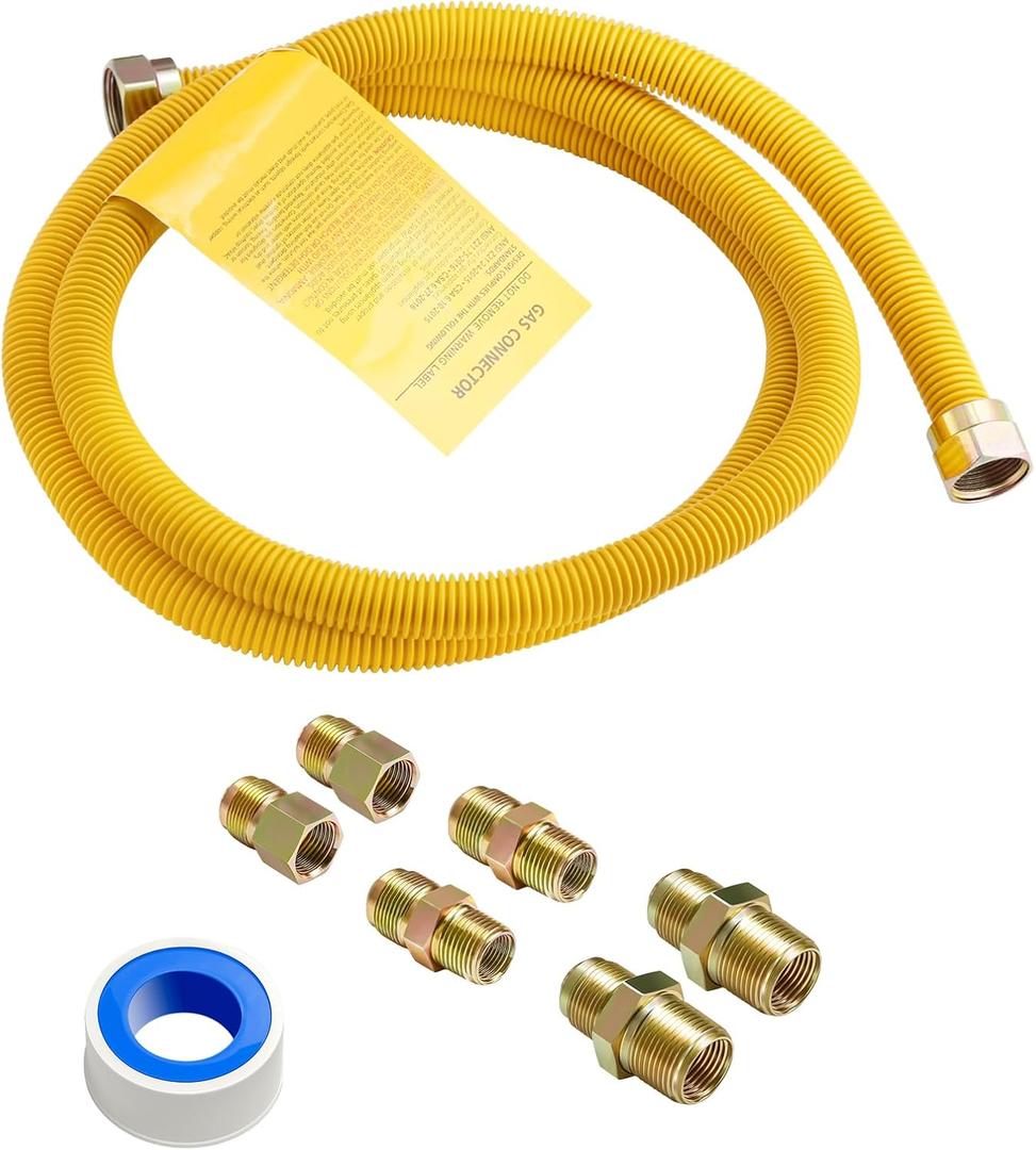 Roastove 72" Flexible Yellow Coated Gas Line Connector Kit for Stove, Dryer, Gas Water Heater, Furnace,5/8 in.OD(1/2 in. IDFlexible Gas Line with Connector 1/2" FIP &1/2"MIP & 3/4"MIP Fitting
