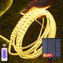 Solar Strip Lights Outdoor Waterproof, 16.4FT 300LEDs Solar & USB Powered LED Strips with Remote, 3000K Warm White LED Strips for Porch Gazebo Balcony Trampoline Garden Decor