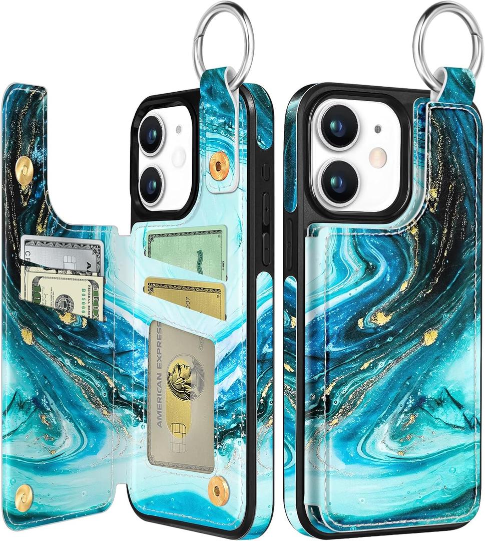 Shorogyt Compatible with iPhone 11 Wallet Case with Card Holder - Designer Marble Pattern Kickstand Magnetic Clasp Back Flip Folio Leather Phone Covers for Women Men Girls Cyan
