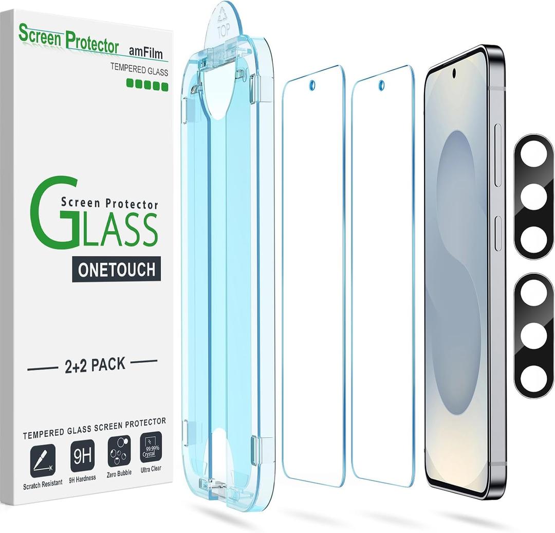 amFilm Auto-alignment OneTouch for Samsung Galaxy S25+ Plus 6.7'' Screen Protector + Camera Lens Protector, Tempered Glass, 30 seconds Installation, Bubble Free, Case Friendly, Anti-Scratch [2+2 Pack]