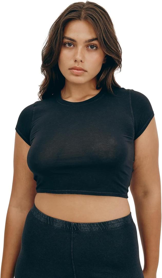 Organic Basics Women's Core Cotton Short Sleeve Baby Tee, Black, Medium