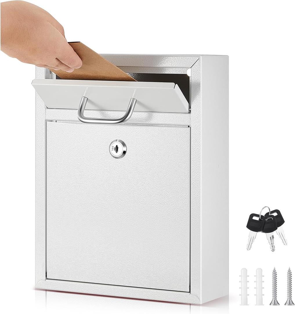 Yaocom Locking Mailbox with Key for Outdoor 10 x 7 x 3 Inches Small Wall Mount Mail Box with Lock Security Mail Drop Metal Collection Boxes Hanging Secure Postbox(Creamy White)