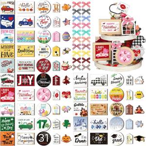 Kigley 70 Pcs Valentines Day Interchangeable Seasonal Tiered Tray Decor Set Farmhouse Holiday Tiered Tray Interchangeable Tabletop Decor for Holiday Kitchen Seasonal Home