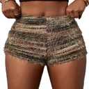 SHENHE Women's Fuzzy Striped Sweater Micro Shorts High Elastic Waist Casual Booty Hot Pants (Medium, Brown)