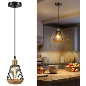 ropelux Pendant Lights Kitchen Island, Modern Kitchen Island Lighting, Adjustable Height Farmhouse Black Gold Brass Hanging Light Fixture for Living Room Sink Dinning Room Bedroom- 1PC (TY)