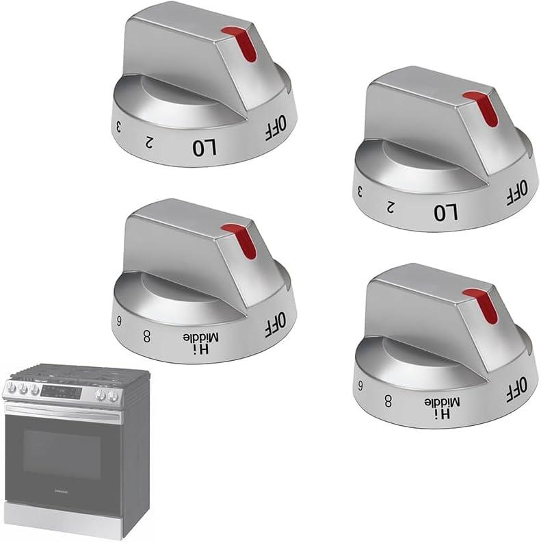 Updated DG94-03500A/Z Replacement Knobs for Samsung Stove, DG64-00975A DG94-03797 Perfect Fit for Samsung Range Models NE63T8111SS NE63T8311SS NE63T8751SS etc.-Improved Heat&Wear Resistance!(4 Pack) (Sliver)