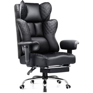 GTPLAYER Big and Tall Office Chair 400LBS Wide Ergonomic Gaming Chair with Deluxe Embossing Designed Leather with Foot Rest,150Reclining Adjustable Soft Armrests Pocket Spring Back Support and Pillow (Pu-coal Black)