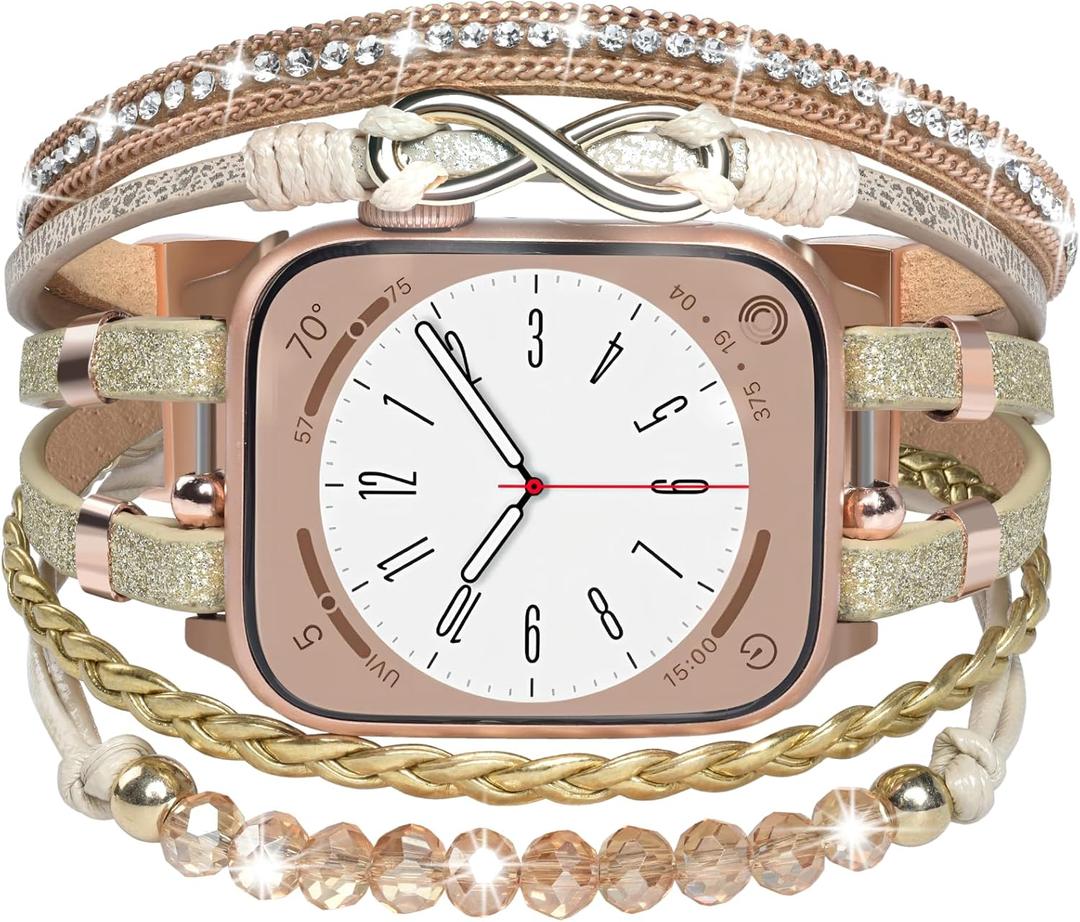 Boho Beaded Bracelet for Apple Watch Band 46mm 40mm 38mm 41mm 44mm 42mm 45mm 49mm Women, Bling Handmade Multilayer Leather Wrap Strap Accessories for iWatch Bands SE Series 11 10 9 8 7 6 5 4 3 2 1