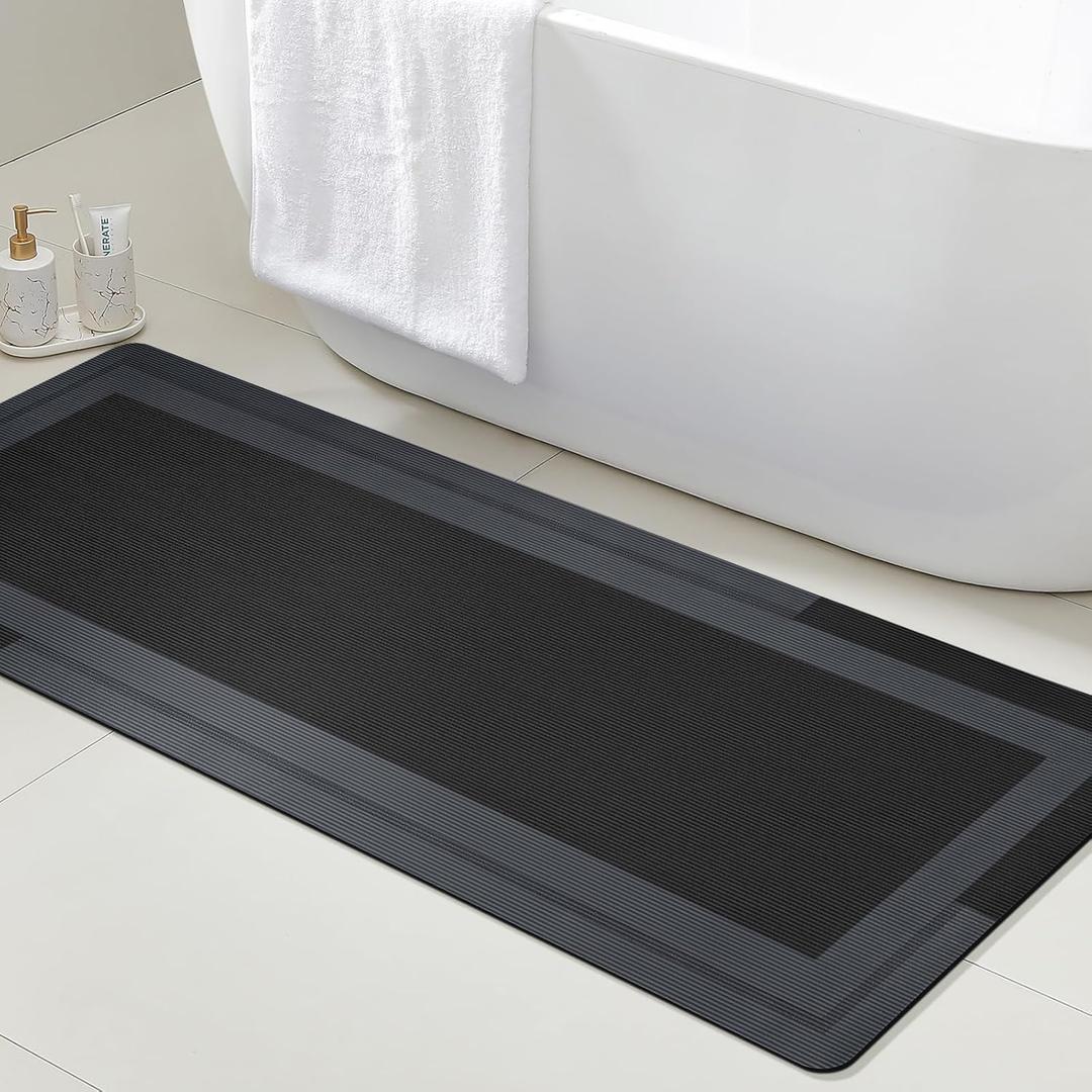 ACCUMTEK Ultra Thin Bath Mat, Upgrade Backing Non Slip Thin Bath Mats Fit Under Door, Quick Dry Ultra Absorbent Bathroom Rugs, Machine Washable Bath Rugs for Bathroom, Bathtub, Black/Bordered/59 x20 (1'8" x 4'11" (Rectangular))