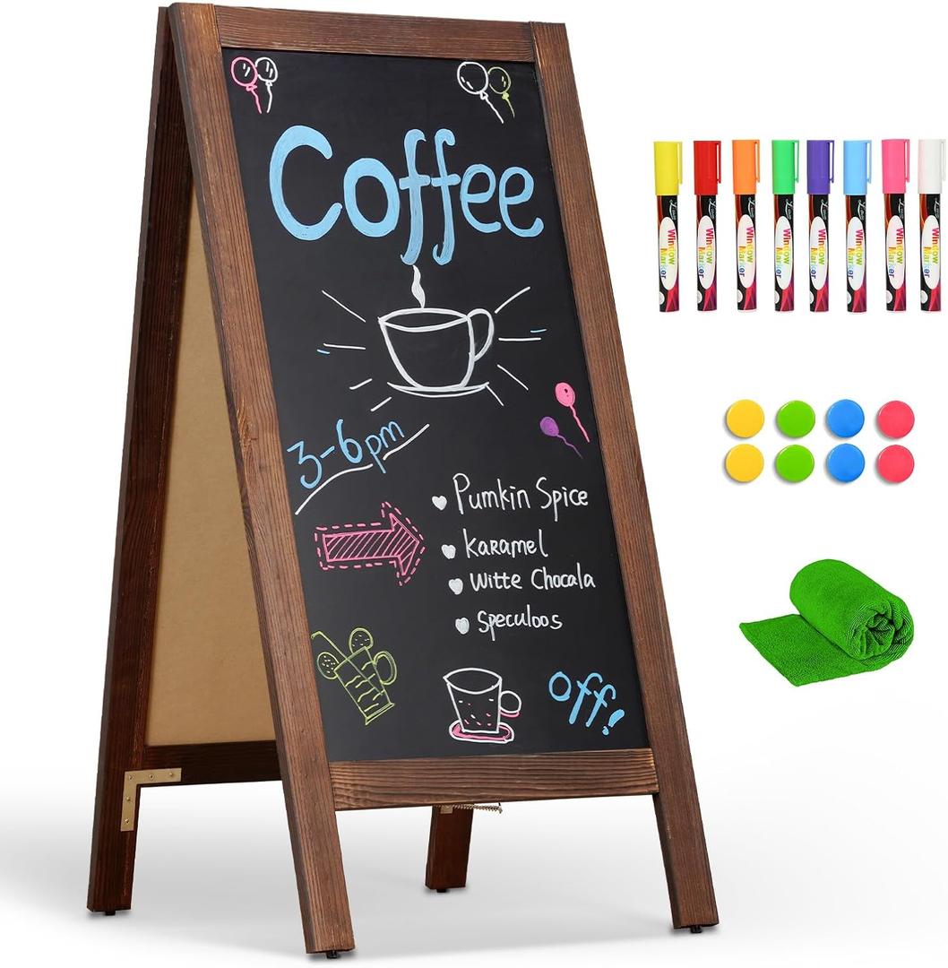 4 THOUGHT A-Frame Double-Sided Magnetic Chalkboard 40"x20", Solid Pine Wood Freestanding Sandwich Board for Cafes, Restaurants, Weddings (Rustic Brown)