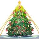 2 x Christmas Tree Pop Up Card, Merry Christmas, Pine Tree, Snowflakes, Balls, Snow, Light, 3D Greeting Card, Gift for Xmas, 5x7 - Includes Envelope And Message Note