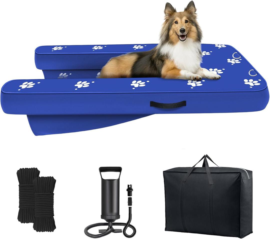Inflatable Dock Platform, Lagre Dog Boat Ramp Floating Non-Slip Oxford and PVC with Lagre Water Ramp for Dogs Pool, Dock, Lake with Traction Rope, Manual Air Pump (4.5ft x 2.8ft x 6in) L01