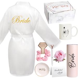 Frerdui 8Pcs Bridal Shower Gift, Bride to Be Gifts, Bridal Shower Gifts for Bride to Be, Gift Box Sets Bridal Silk Robes Tumbler Cup Mug Jewelry Tray, Wedding Engagement Gift for her(M)