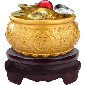 WAYUTO Brass Treasure Bowl Set with Base 5Pcs Copper Coins Citrine Lucky Ball 2Pcs Gold Ingots and 2Pcs Silver Ingots Chinese Feng Shui Decoration for Business Prosperity Fortune 3.15"