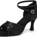 YCALCP Women Latin Dance Shoes Open Toe Satin Professional Salsa Bachata Performance Ballroom Dancing Shoes, L3049-Black, US 9
