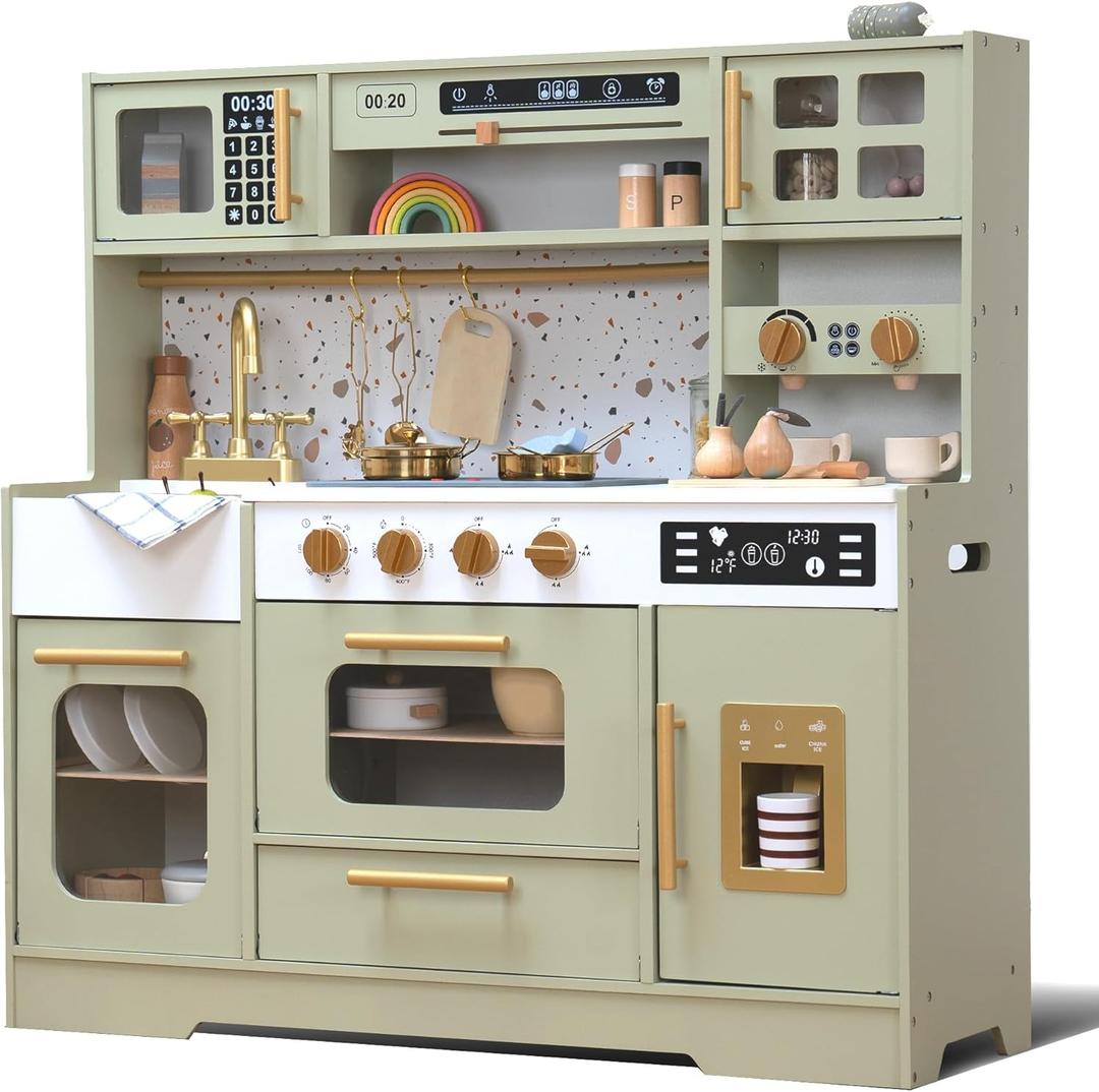 Wooden Play Kitchen with 15 Fun Accessories and Realistic Appliances Green, 35.4" H x 35.8" W x 11.8" D