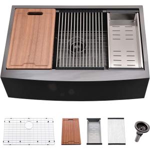 33 Inch Farmhouse Kitchen Sink Workstation Black - VOKIM 33x22 Apron Front Kitchen Sink Stainless Steel 16 Gauge Single Bowl Gunmetal Farm Sink, 33"L x 22"W x 10"D