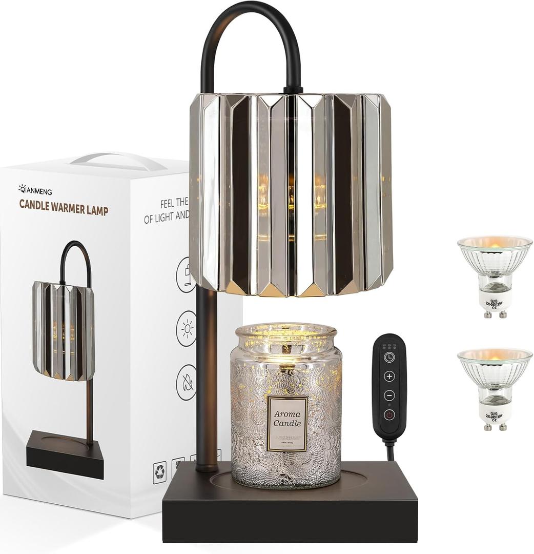 Candle Warmer Lamp with Timer, Electric Candle Warmer for Jar Candles, House Warming Gifts, Modern Home Decor Dimmable Wax Melting Lamp with Large Head, Black, Glass (Silver)