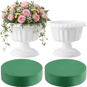 Mumufy 2 Pcs White Roman Urn Planter with 2 Pcs Floral Foam 12'' Flower Pot, 11.8 inch