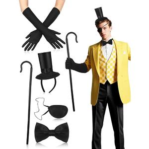 5 Pcs Halloween Yellow Triangular Dream Demon Costume with Mini Top Hat Headband Black Satin Opera Gloves Bow Tie Eye Patches Cane for Men Women Cosplay Halloween Party