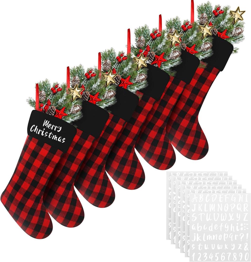 Tatuo 6 Pack Christmas Burlap Buffalo Plaid Stockings Large 18" Xmas Stockings with 6 Letter Adhesive Vinyl Sticker Christmas Tree Hanging Decorations Xmas Party Supplies(Black and Red)